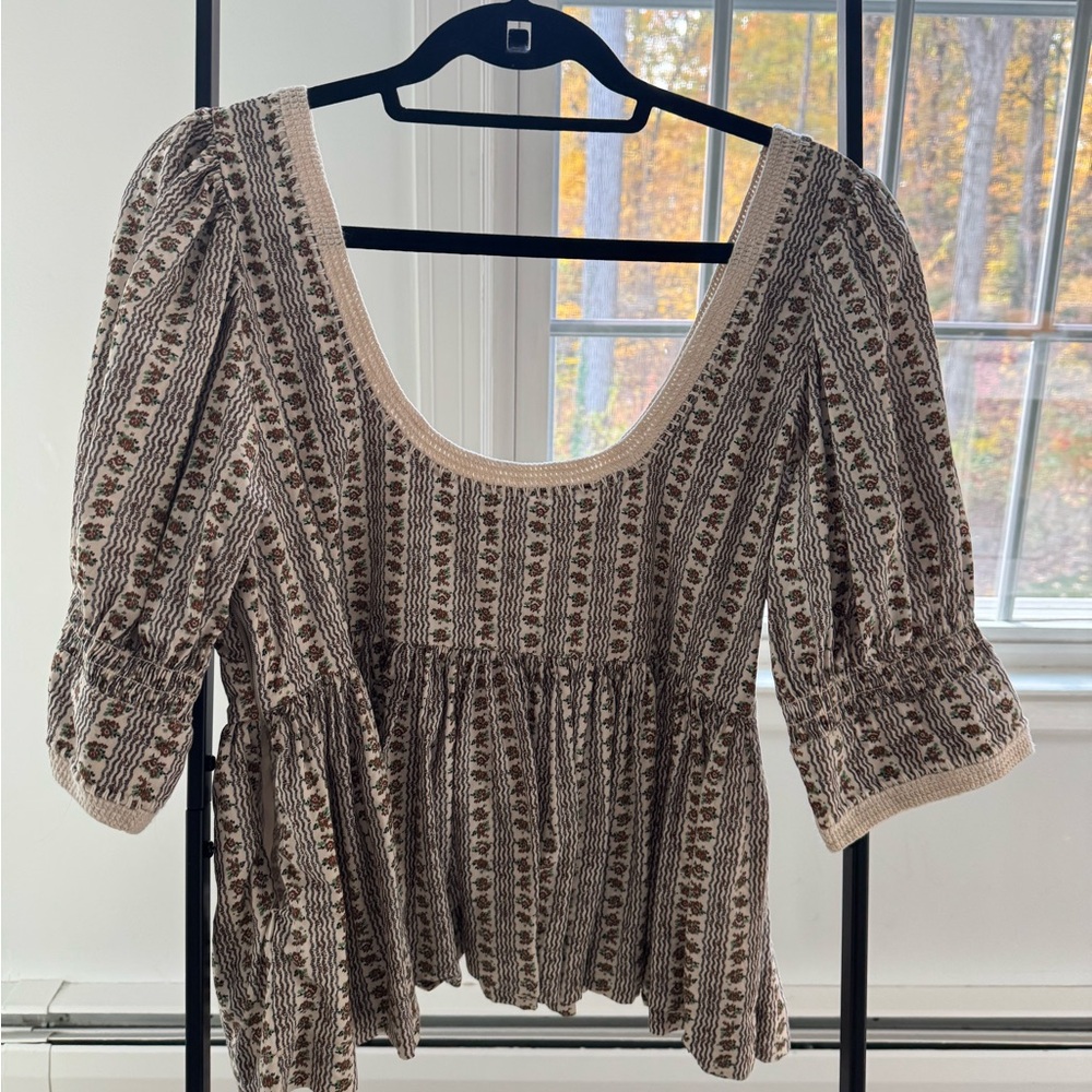 Loeffler Randall Cream and Brown Patterned Blouse